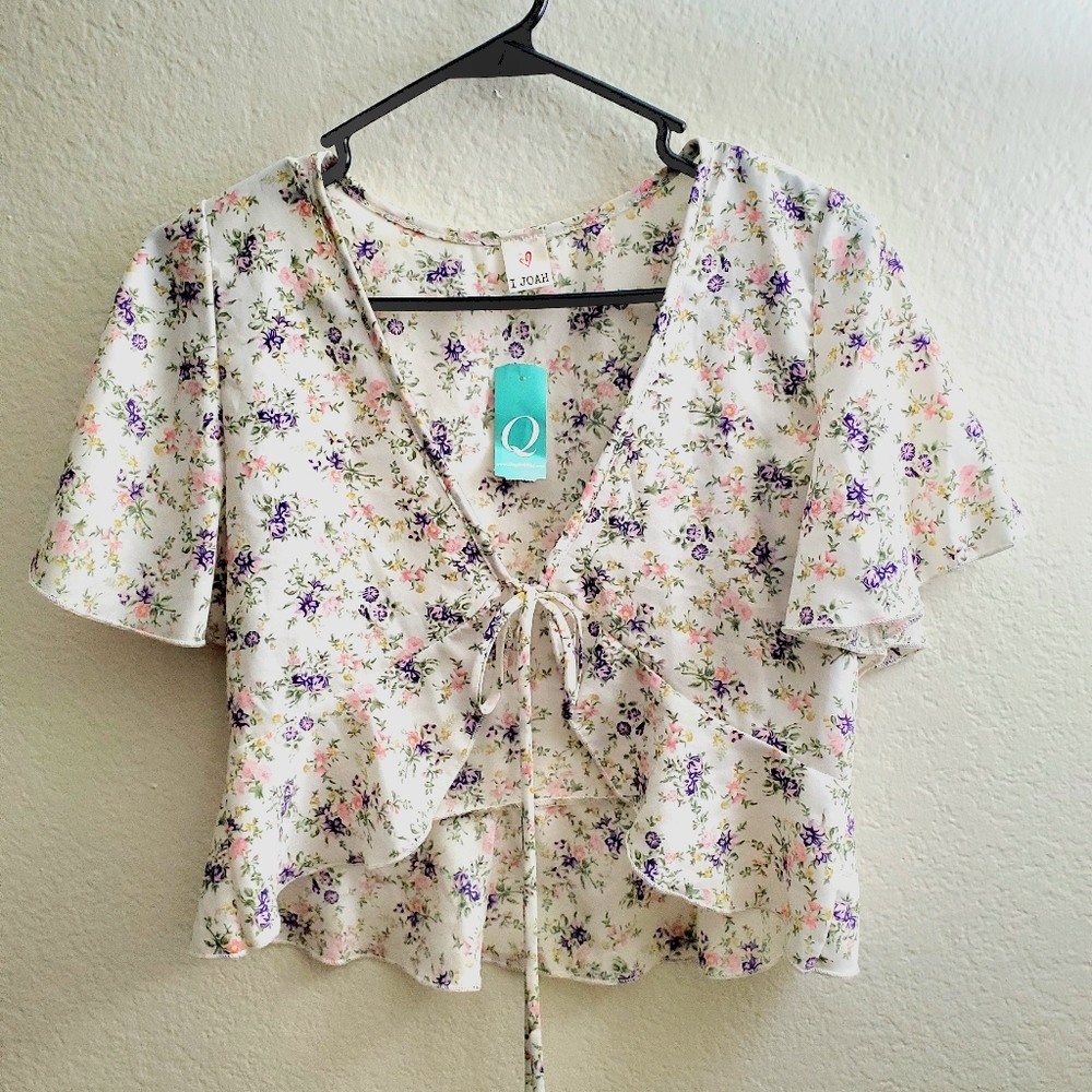 White floral crop top with tie front.